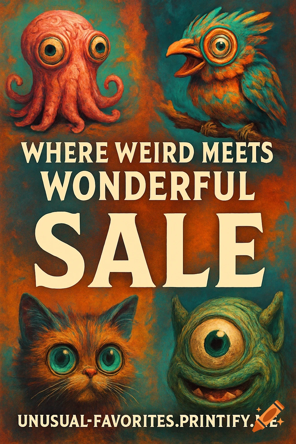 A stylized illustration with an octopus, bird, cat, and green monster surrounding promotional text for 'Where Weird Meets Wonderful Sale' and 'Unusual-favorites.printify.me'.
