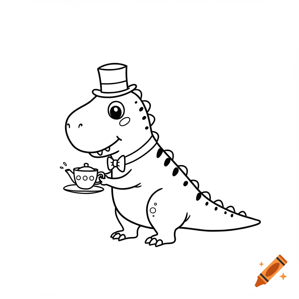 Cartoon T-Rex in a top hat and bow tie holding a teacup, black and white line drawing.