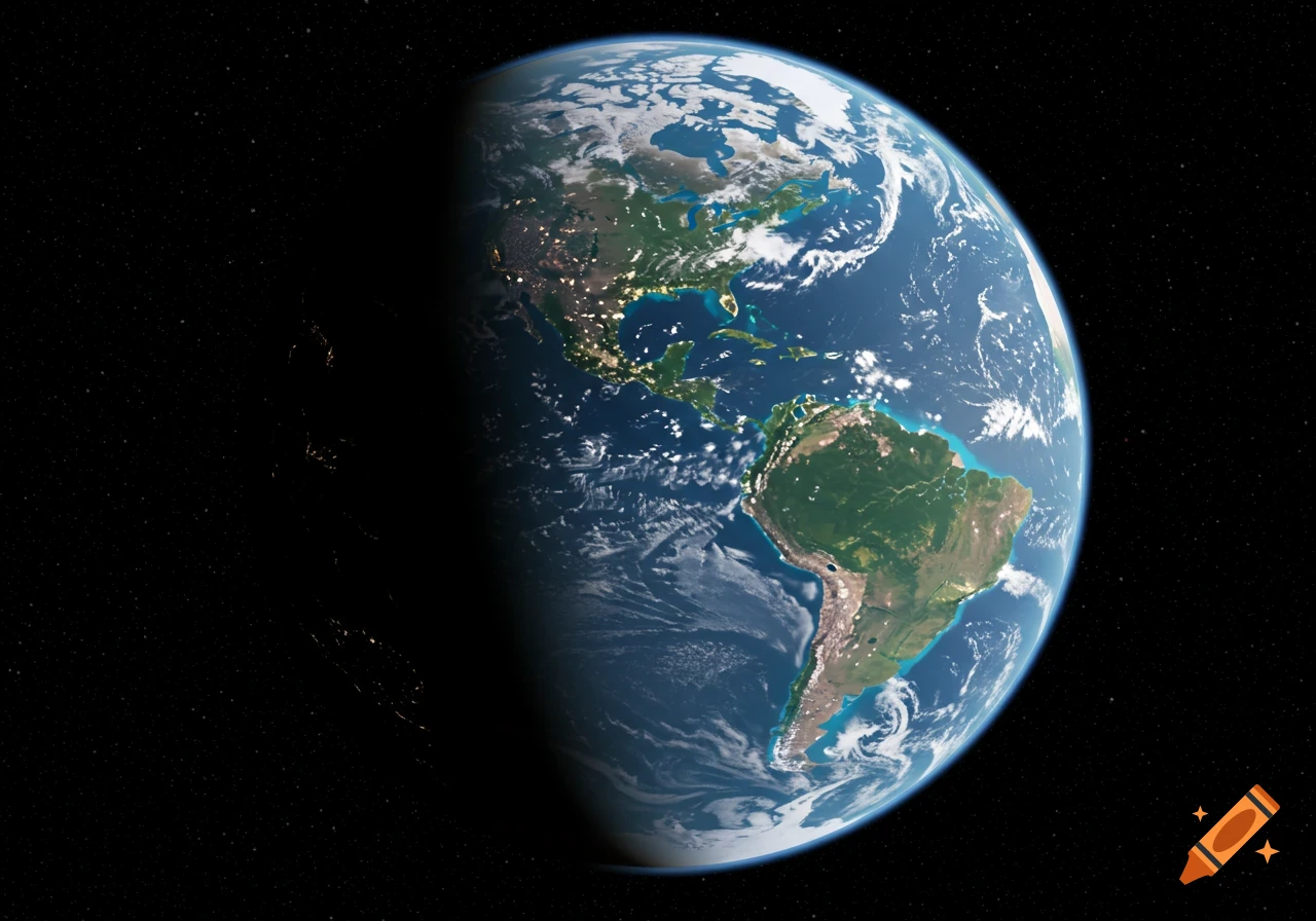 A realistic view of Earth from space, showing the day and night sides with city lights visible.