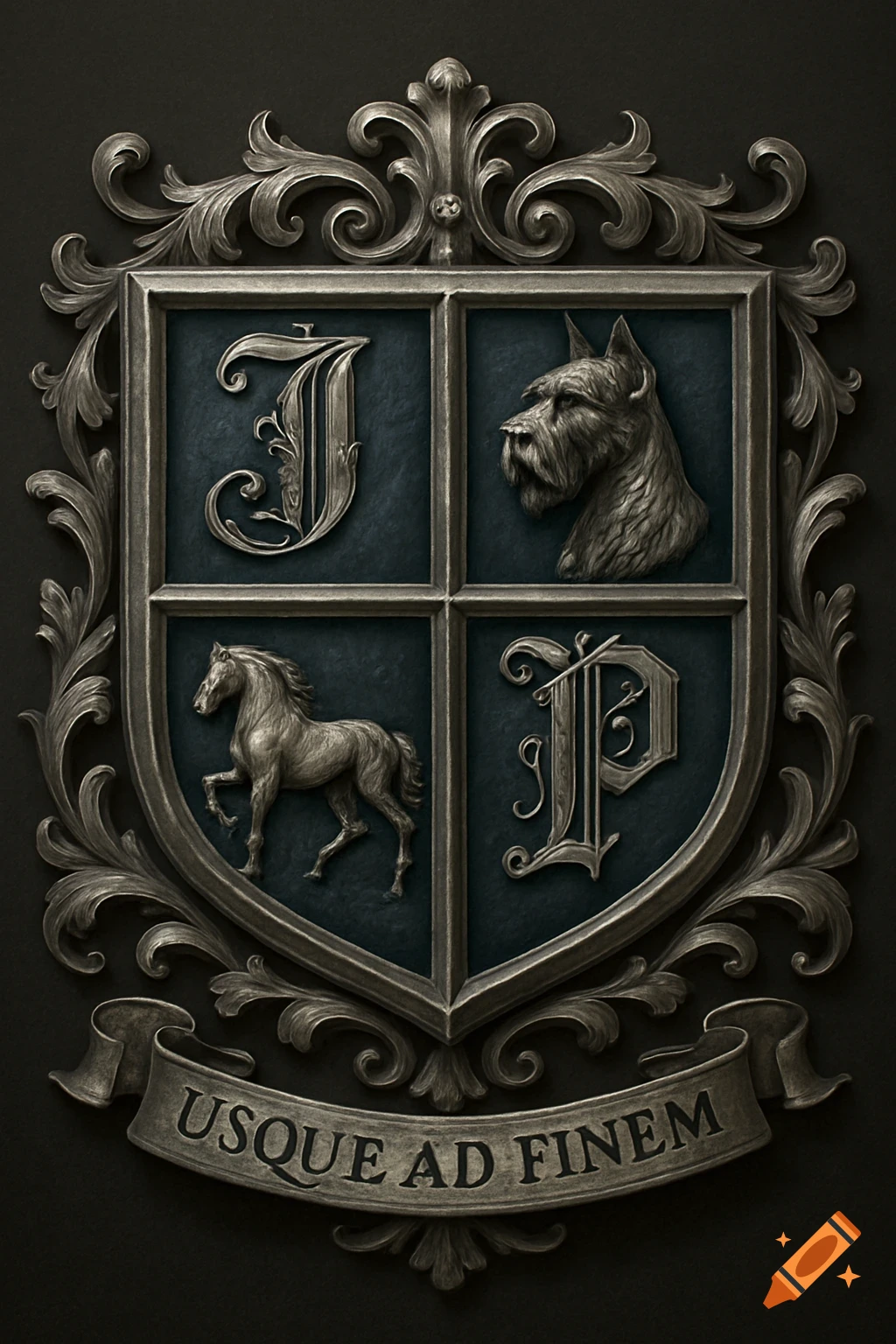 Ornate metallic coat of arms with a horse, dog, letters J and P, and a banner saying 'USQUE AD FINEM'.