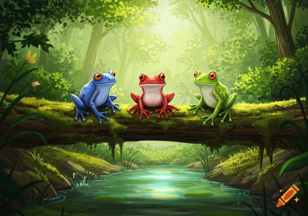 Three cartoon frogs (blue, red, green) sit on a mossy log over water in a sunny forest illustration.
