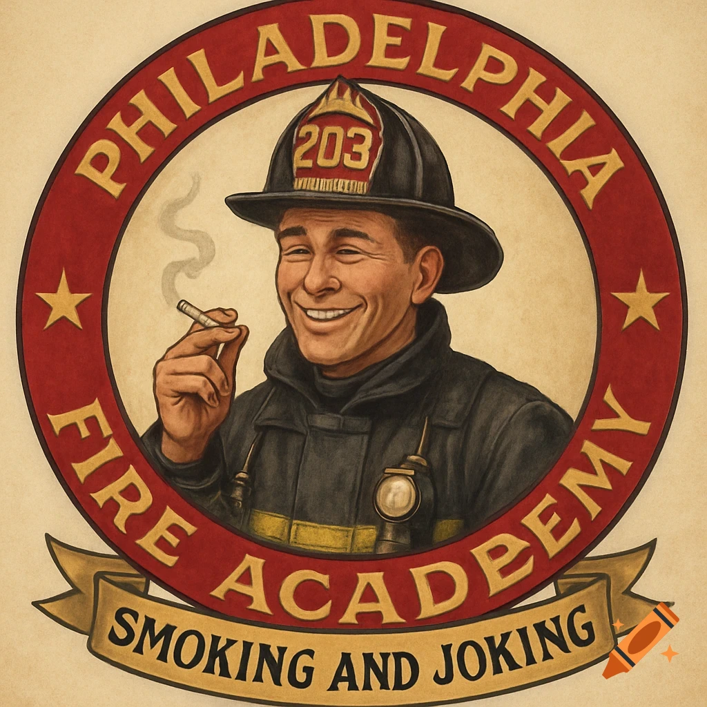 Vintage illustration logo for Philadelphia Fire Academy featuring a smiling firefighter smoking a cigarette and the text 'Smoking and Joking'.