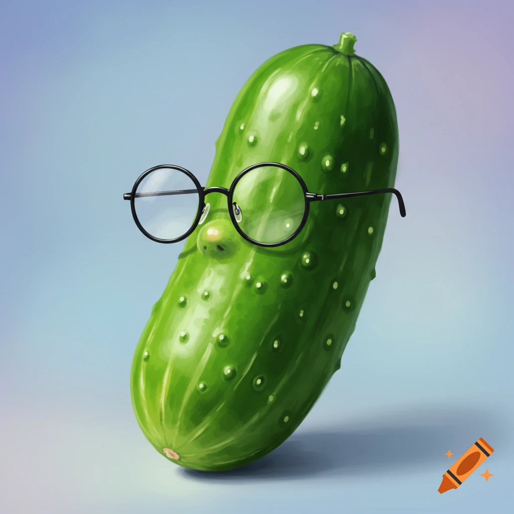 A cartoon green cucumber wearing round black glasses.