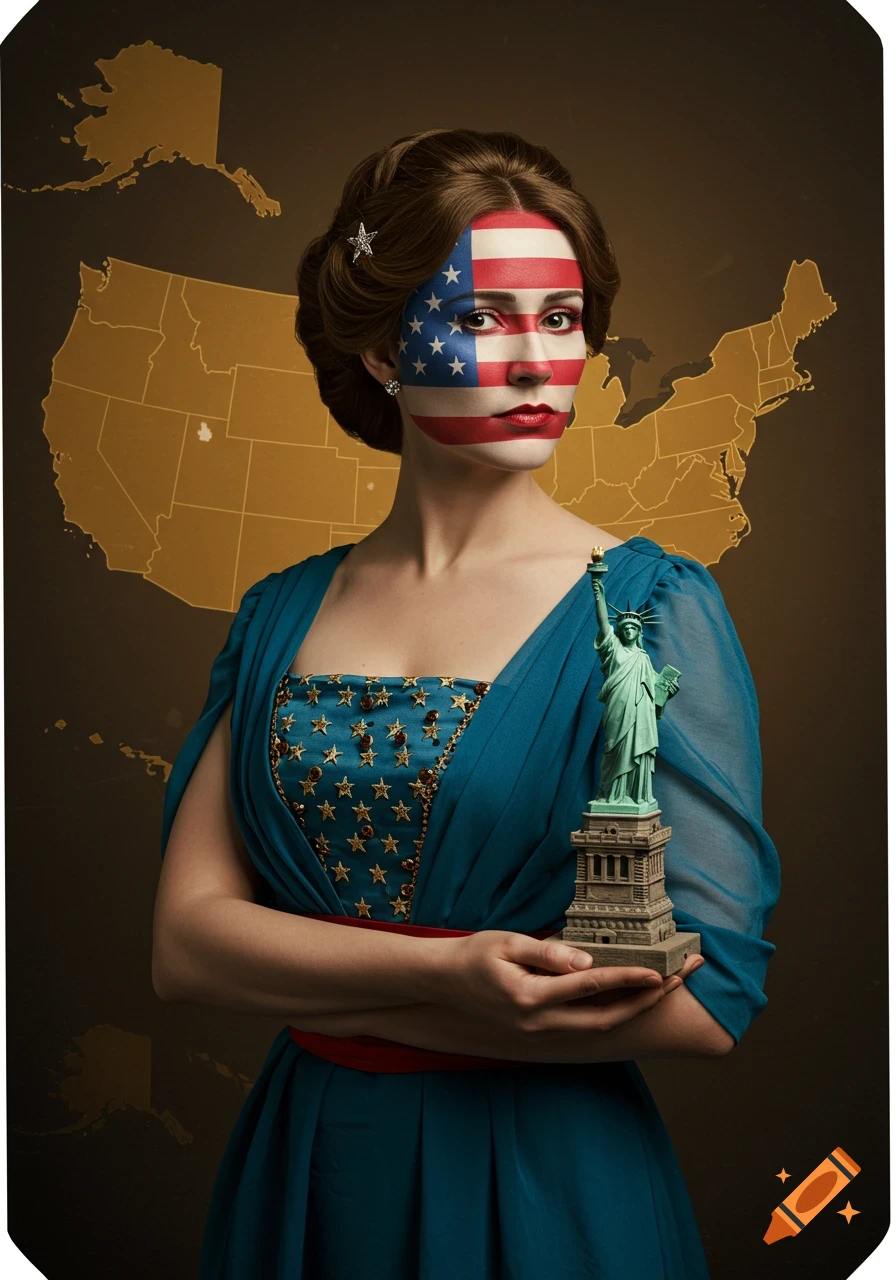 Photorealistic portrait of a woman with US flag face paint, holding the Statue of Liberty, with a USA map background.