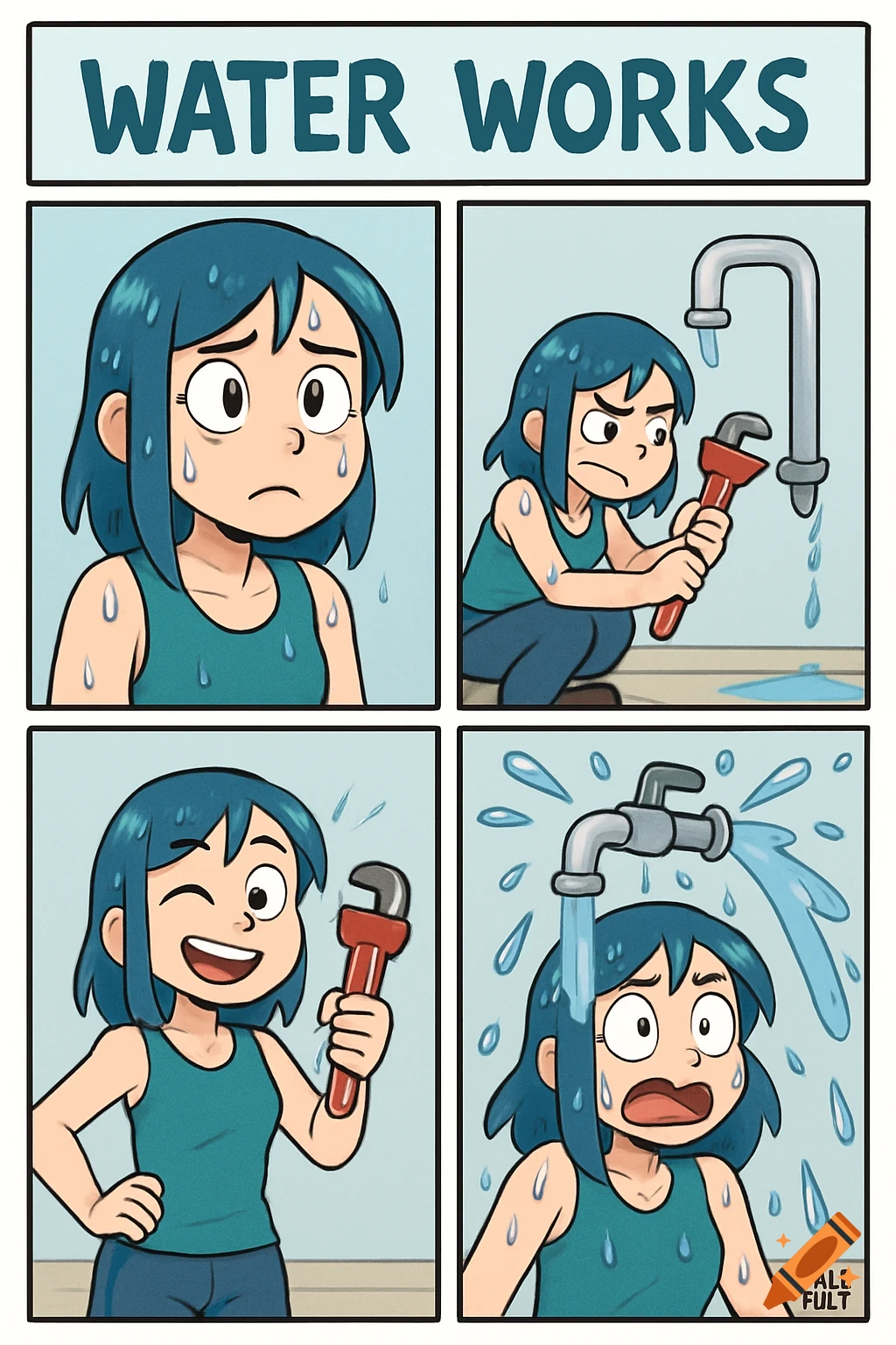 A 4-panel cartoon comic shows a girl struggling to fix a leaky faucet, then gets soaked when it bursts.