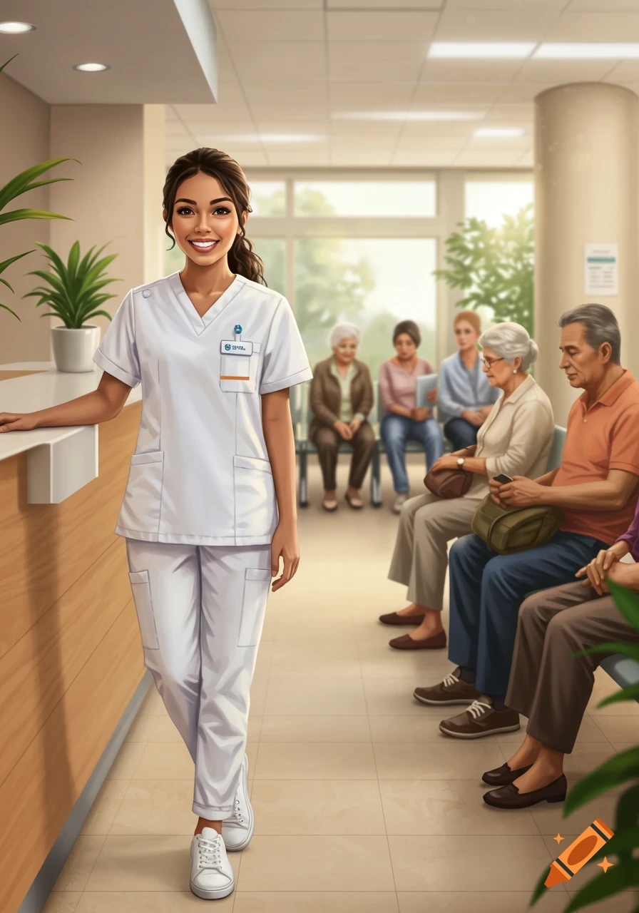 A smiling nurse stands in a brightly lit hospital waiting room with seated patients in the background, illustrated style.