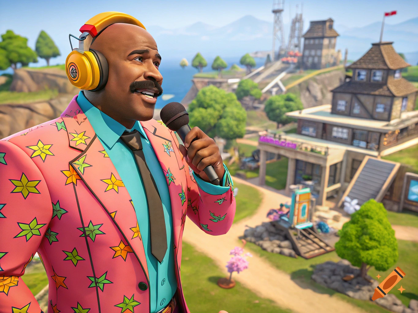 Stylized 3D render of Steve Harvey wearing a pink star-patterned suit and yellow headphones, holding a microphone in a Fortnite-like world.