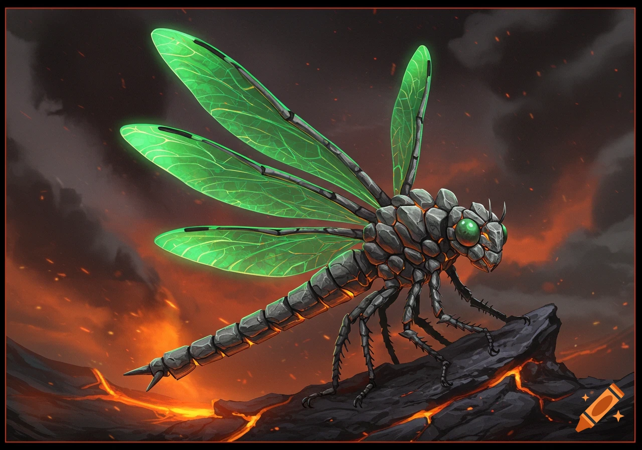 Rocky gray dragonfly with glowing green wings on a rock over lava in a smoky landscape, fantasy art.