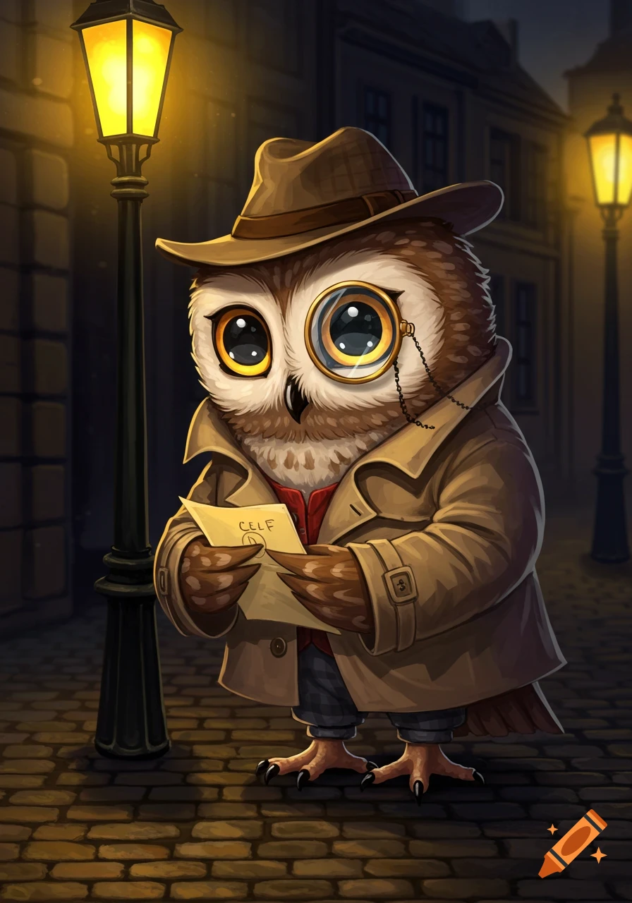 A cartoon owl dressed as a detective, wearing a trench coat and hat, holding a piece of paper under a gas lamp.