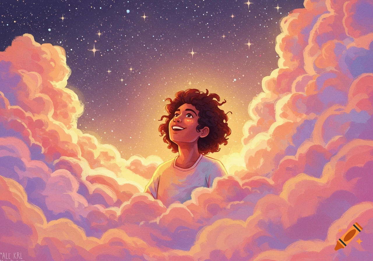 A person looks up at a starry sky surrounded by colorful clouds, in a dreamy illustration style.