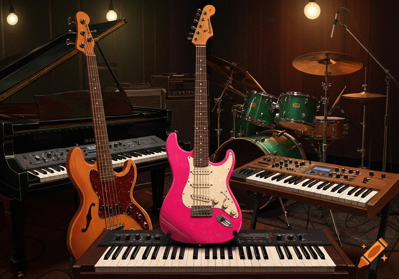 Musical instruments including piano, guitars, synthesizers, and drums in a studio.