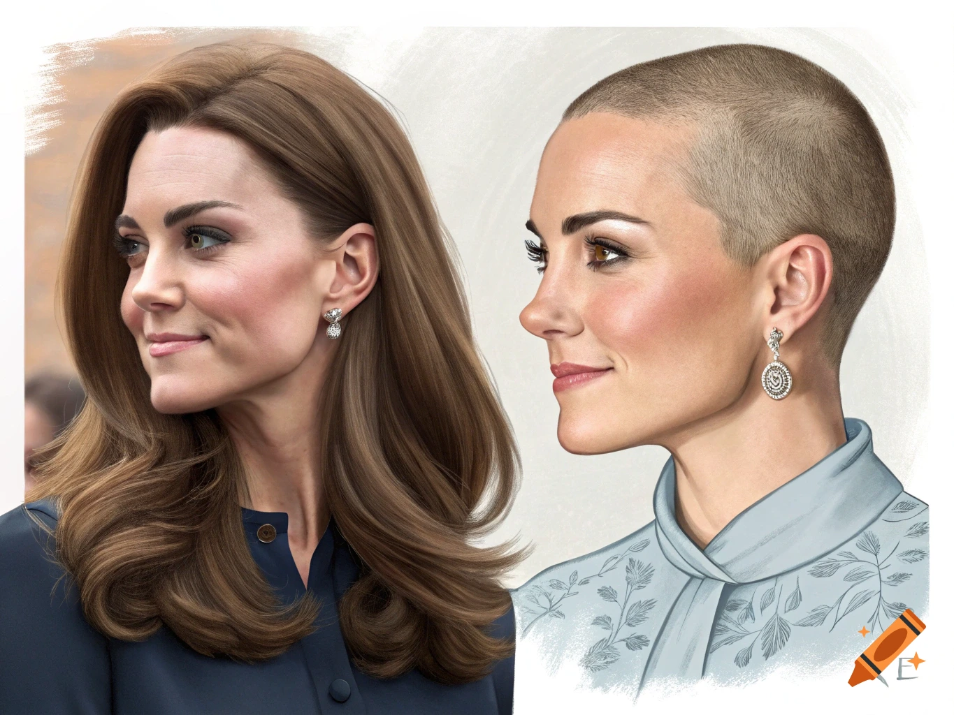 A side-by-side illustration of a woman, on the left with long brown hair, on the right with a buzz cut.