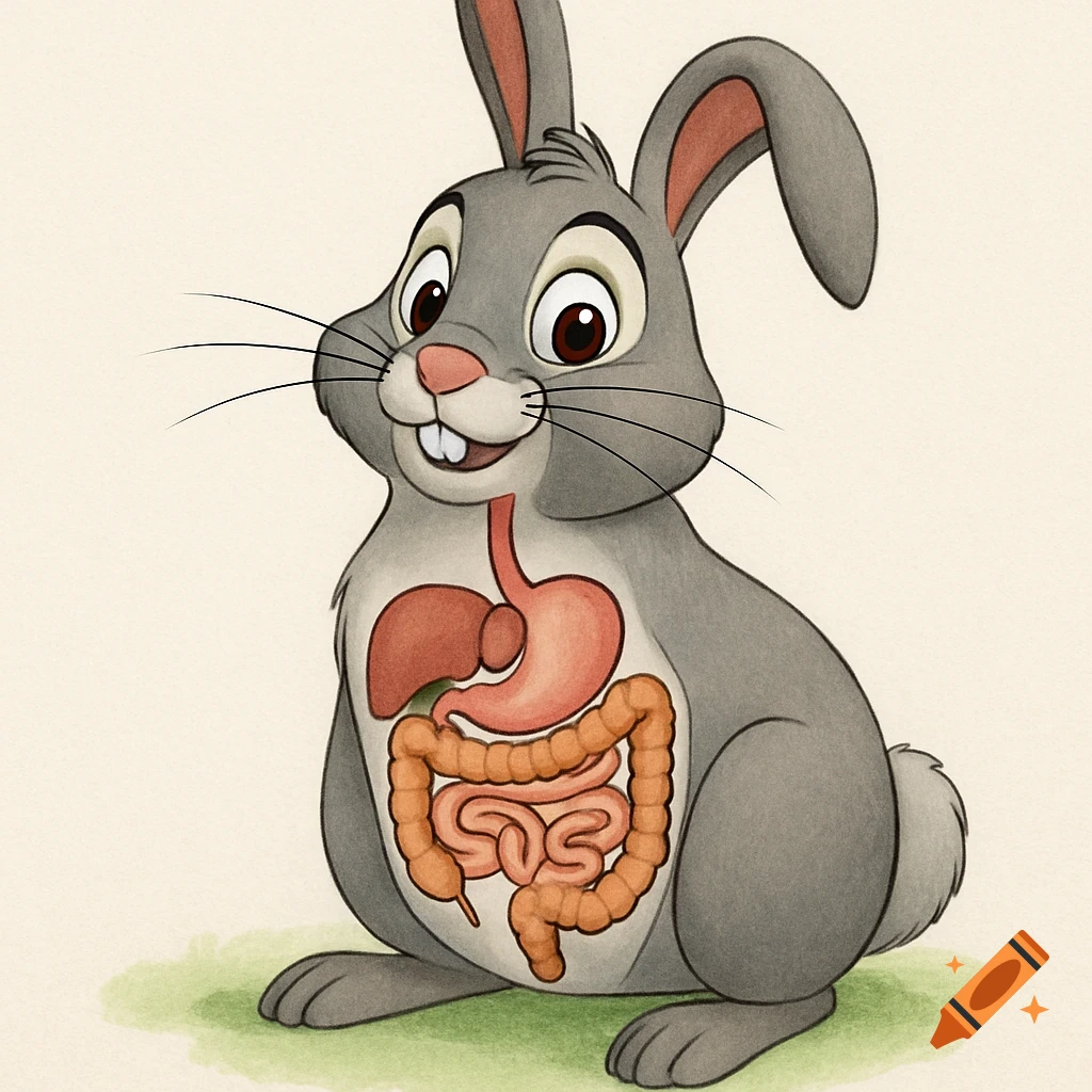 Cartoon rabbit with a diagram of its digestive system visible