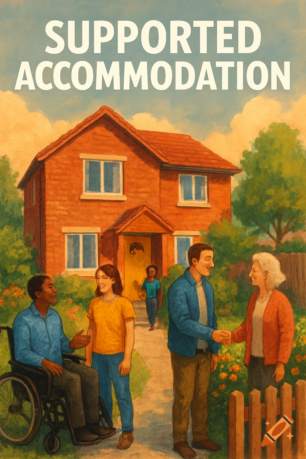Painting of people interacting outside a house under 'SUPPORTED ACCOMMODATION' text.