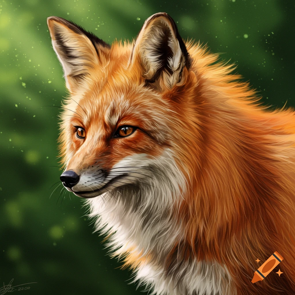 A close-up digital painting of a red fox with orange fur, white chest, and black nose, looking left against a blurred green background.