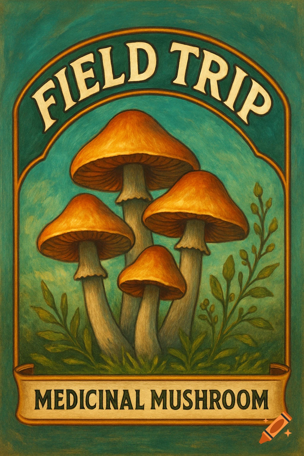 Illustration of mushrooms with FIELD TRIP and MEDICINAL MUSHROOM text in a vintage poster style