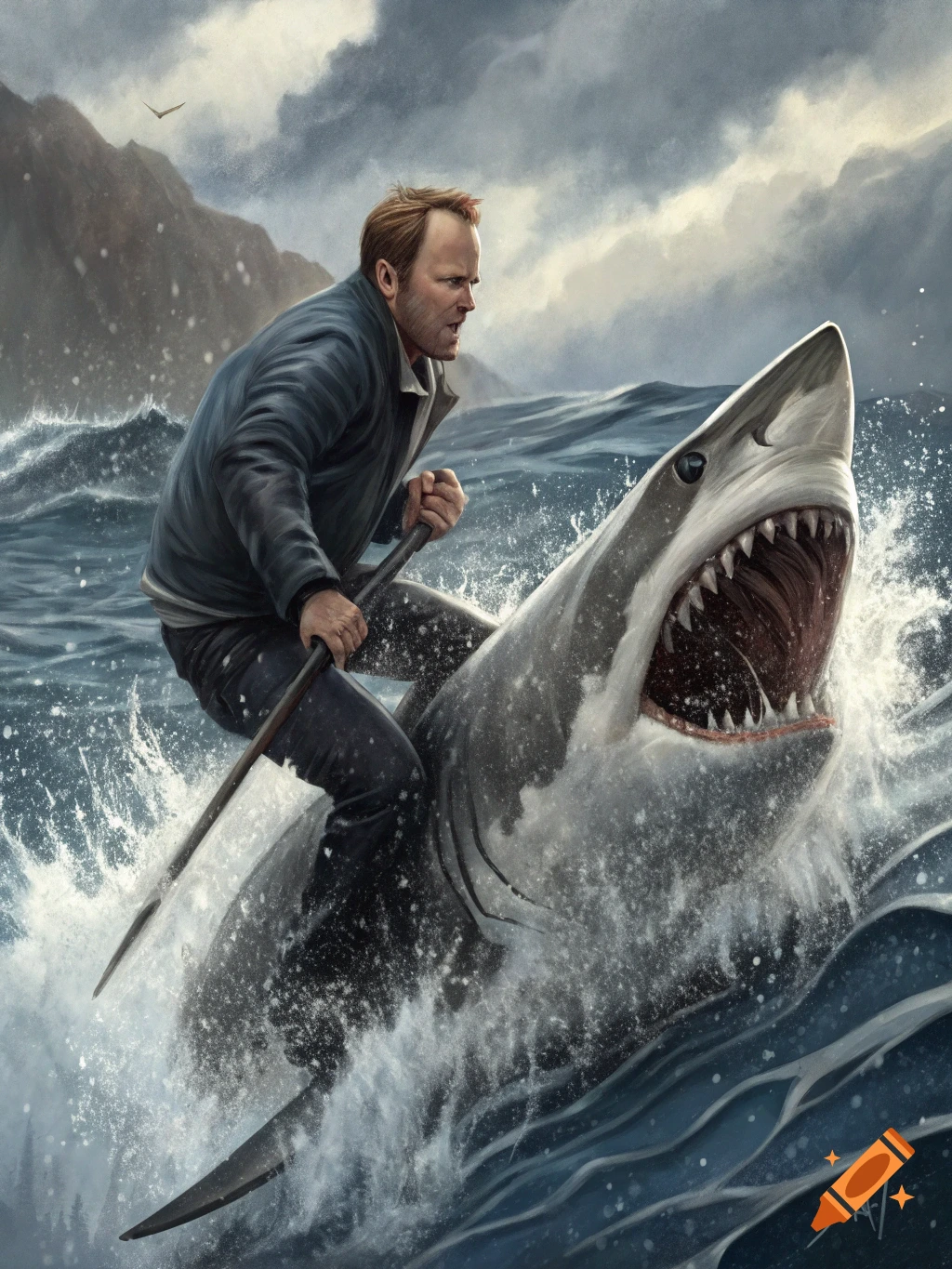 Man rides a great white shark through stormy waves under dramatic clouds, painted style.
