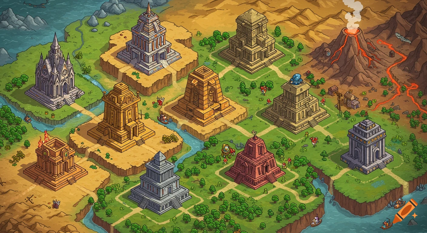 Isometric overworld map featuring diverse temples, rivers, a volcano, and small characters.