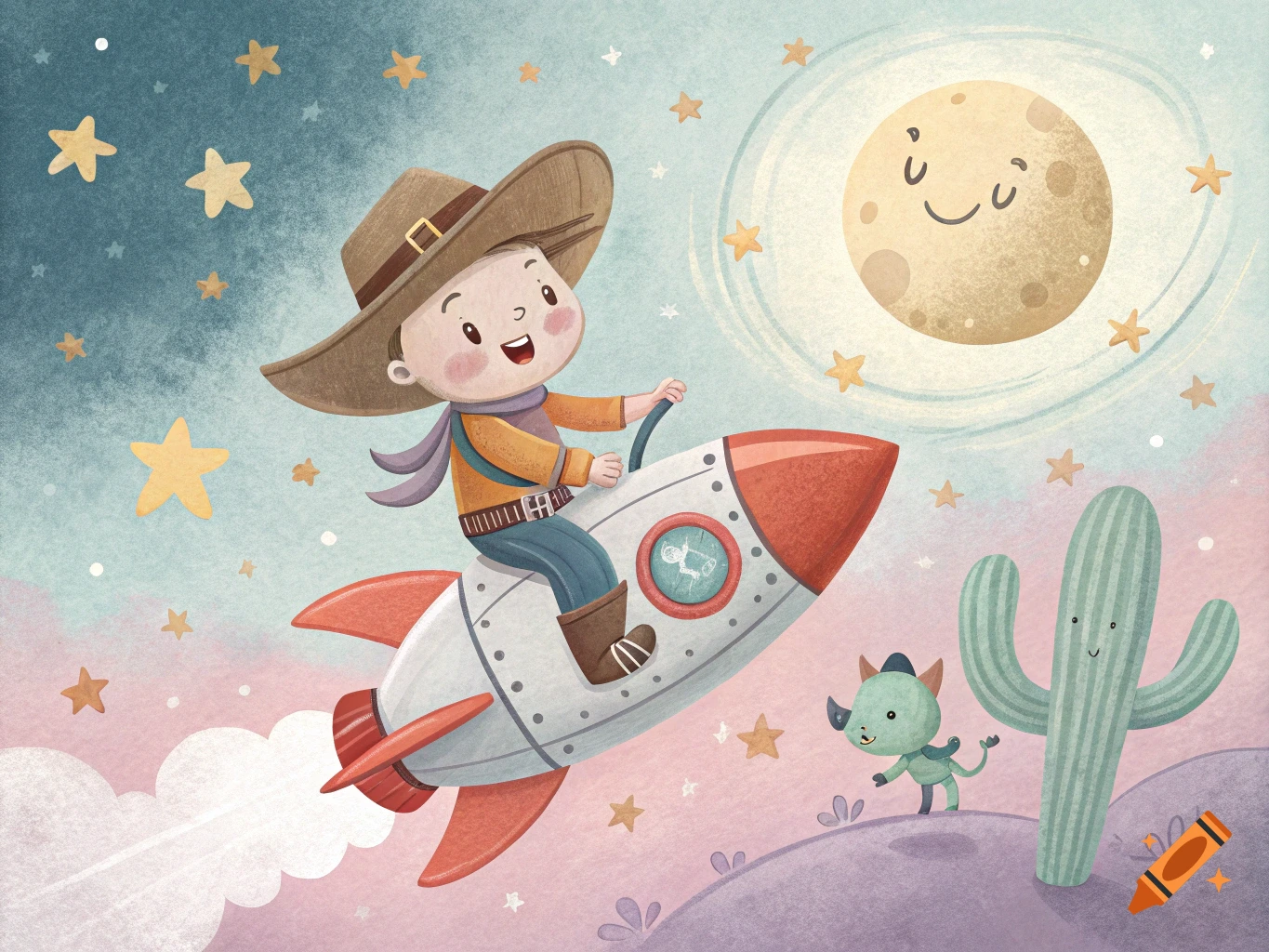 Nursery illustration of a baby cowboy riding a rocket past a smiling moon, cactus, and alien.