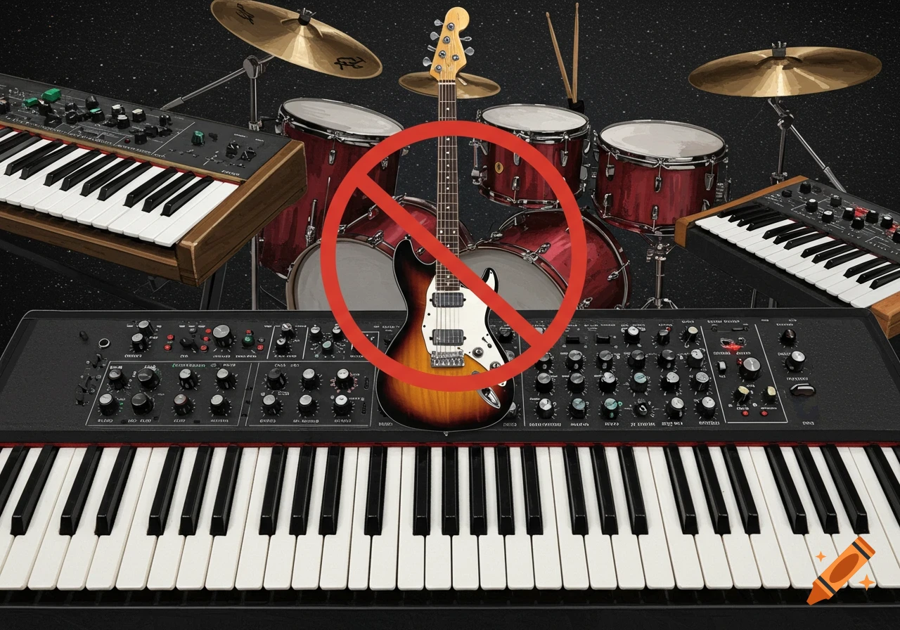 Arrangement of musical instruments including keyboards, drums, bass, and a guitar marked with a red 'no' symbol, starry background.
