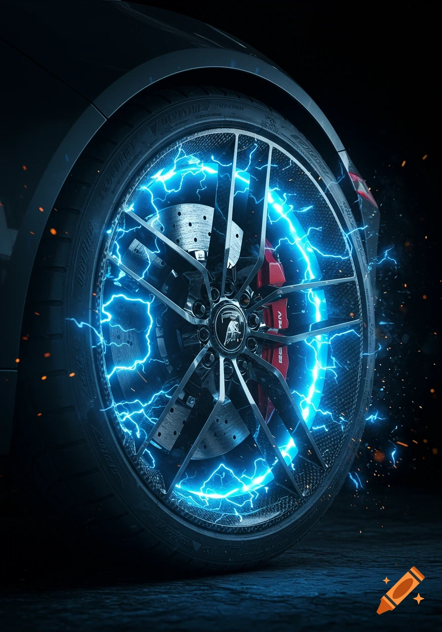 Close-up of a Lamborghini wheel with blue electricity emanating from it.