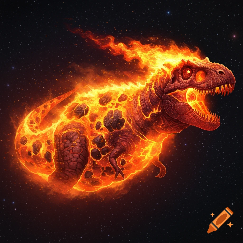 A Tyrannosaurus Rex engulfed in flames and rocks, resembling a meteor, flies through space.