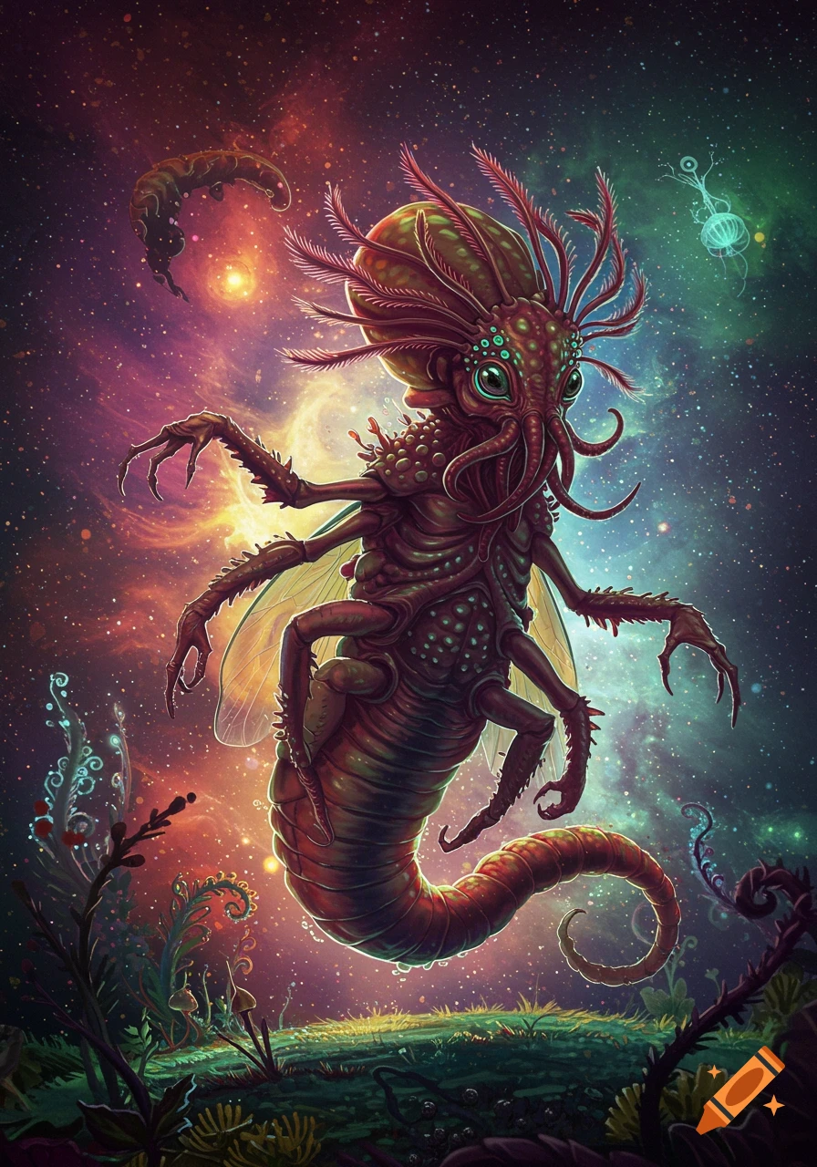 A bizarre speculative evolution alien creature floats in space above a low-gravity planet surface.
