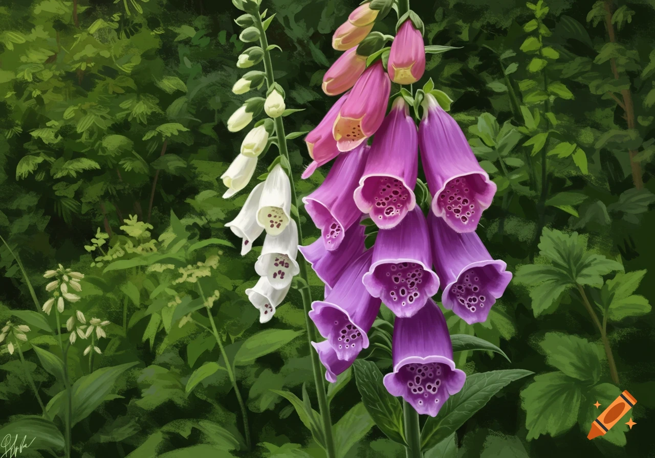 Purple and white foxglove flowers bloom in a lush green forest, painted in a detailed style.