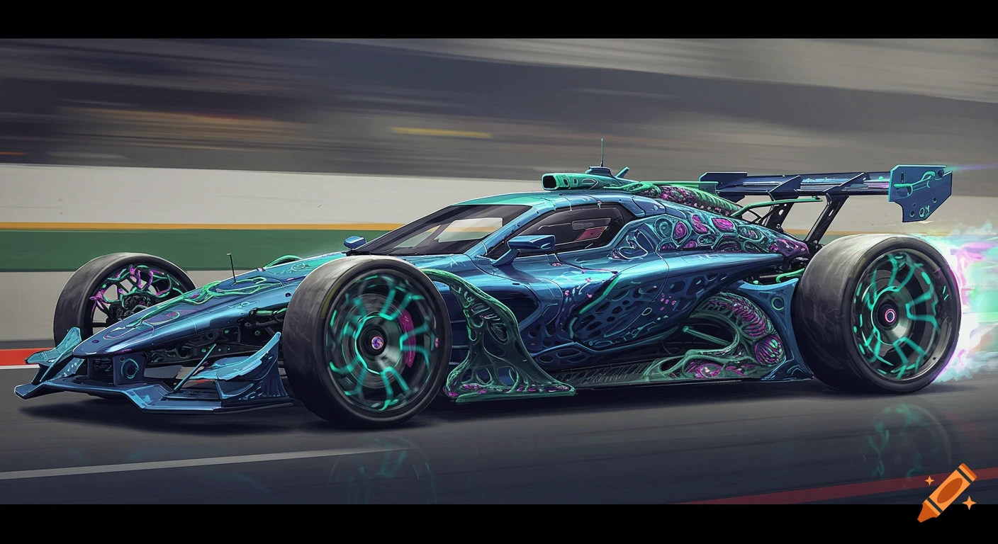 A blue racecar covered in biomechanical organic structures speeds down a track.