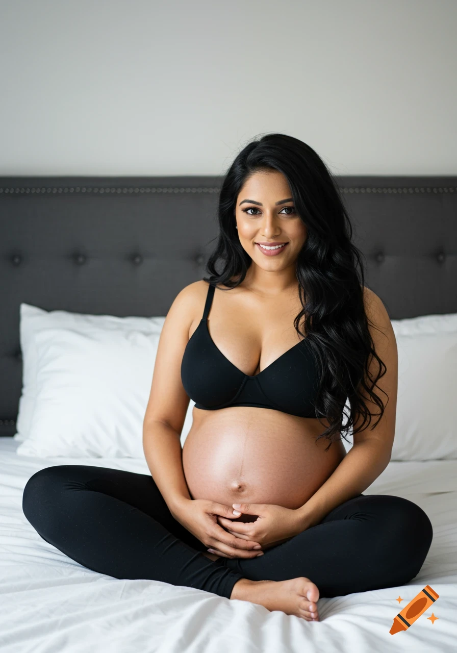 A pregnant Indian woman sits cross-legged on a bed, smiling. She wears a black bra and leggings.