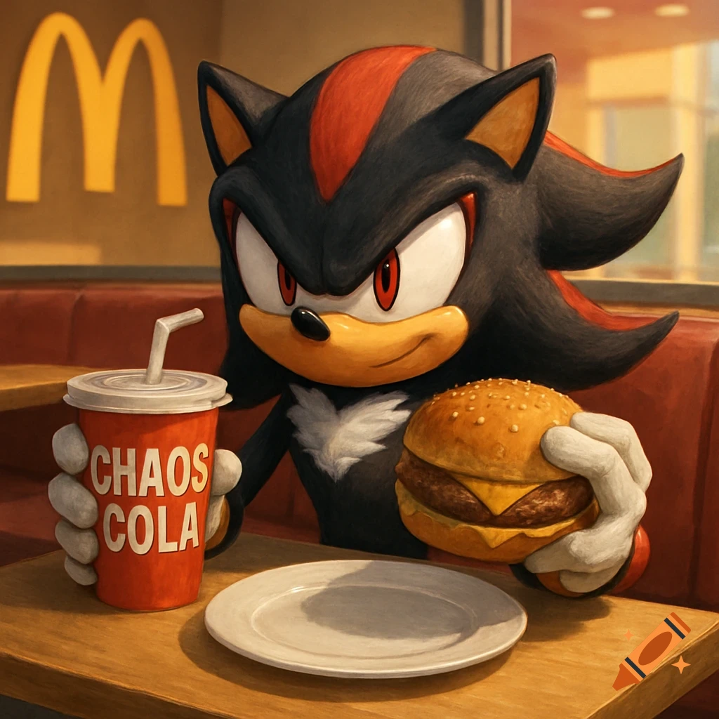 Shadow the Hedgehog holds a burger and a cup of "Chaos Cola" at a table in a McDonald's restaurant.