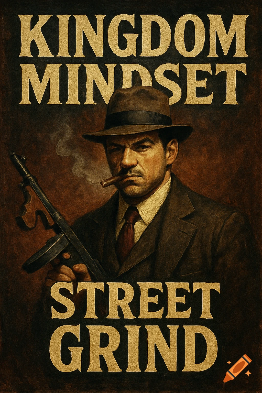 Stylized portrait of a man dressed as a gangster, smoking a cigar and holding a submachine gun, with text 'KINGDOM MINDSET' and 'STREET GRIND'.