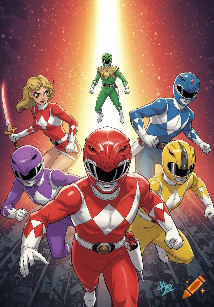 Comic art of Power Rangers, including Red, Blue, Yellow, Purple, and Green Rangers, posed heroically with light from above.