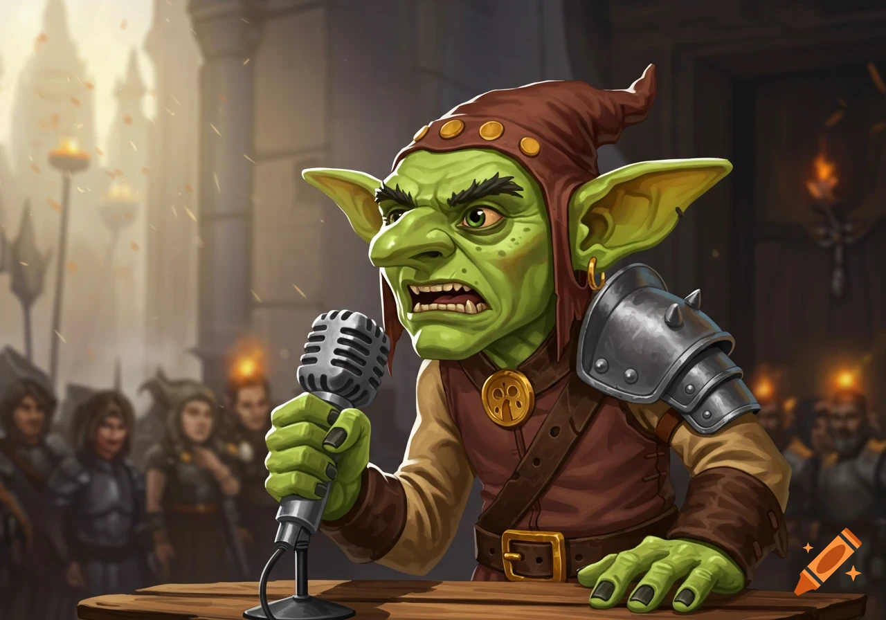 Cartoon illustration of a goblin speaking into a microphone on a stage with a crowd watching.