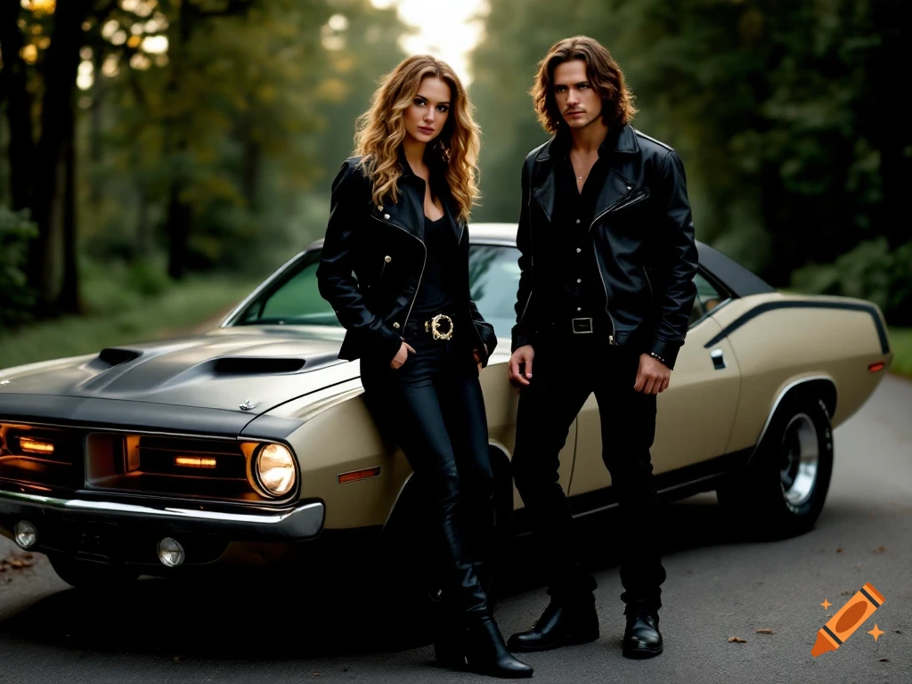 A man and a woman in black leather jackets stand next to a gold vintage car on a road.