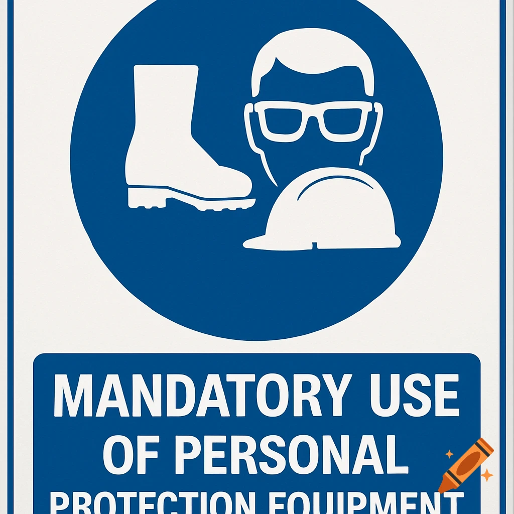 Safety sign showing icons for safety boot, glasses, and hard hat, with text MANDATORY USE OF PERSONAL PROTECTION EQUIPMENT.