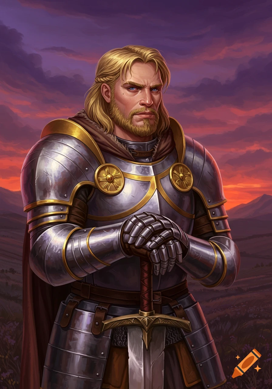 A portrait of a blond knight in shining silver and gold armor, holding a sword, standing in a field.