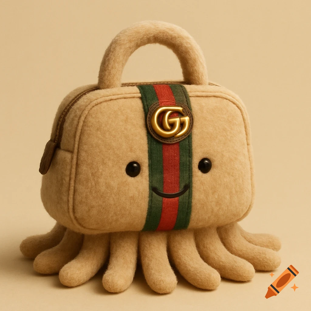 A plush toy octopus styled as a beige Gucci bag with eyes, a smile, handle, and tentacles.