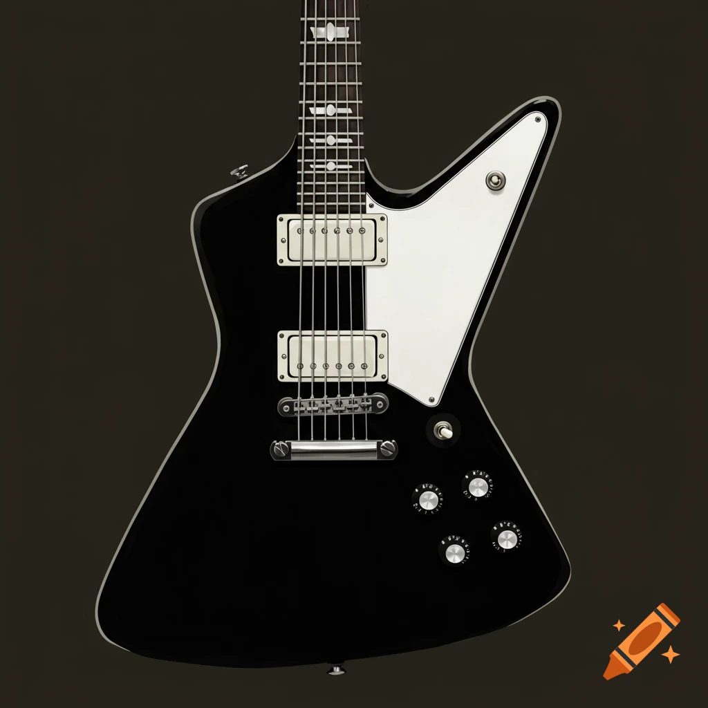 A black electric guitar with a white pickguard and pickups, in the style of a Gibson Explorer.