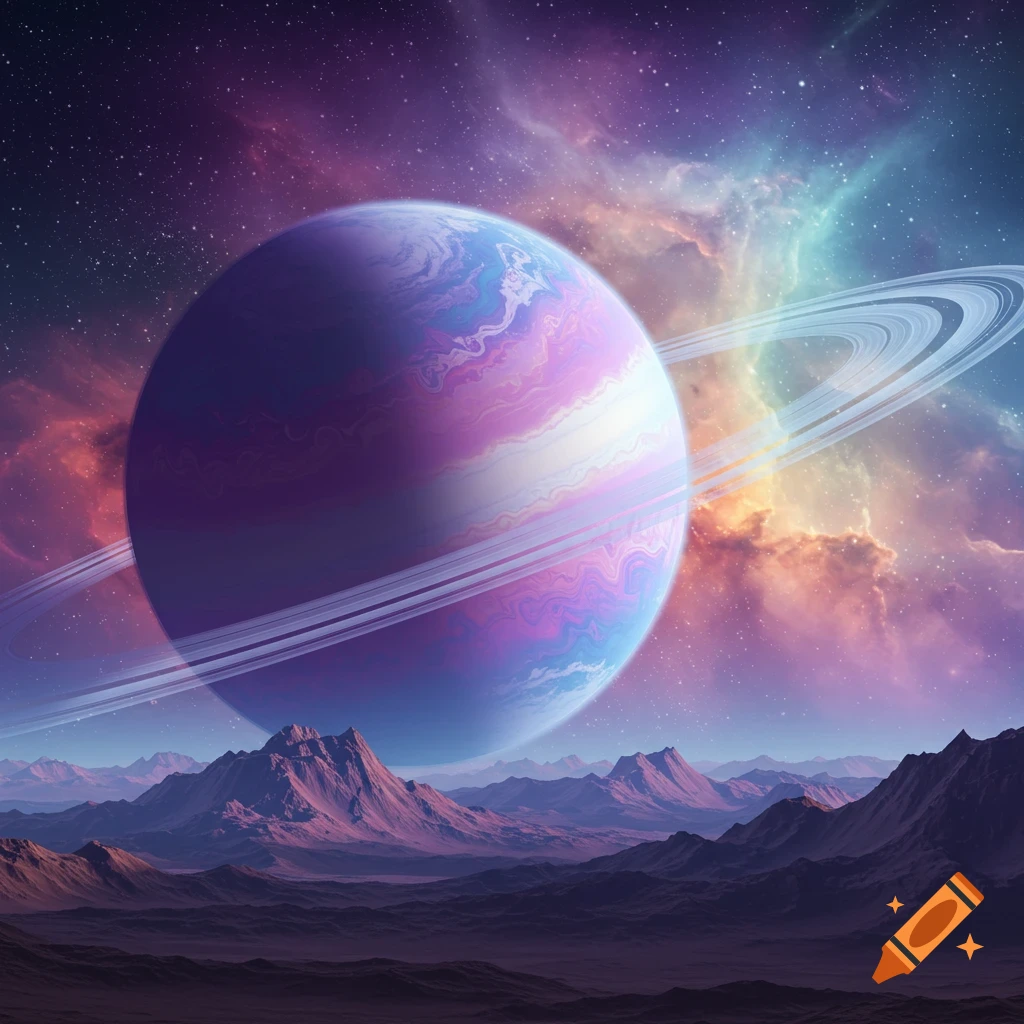 Vibrant ringed planet over alien landscape with nebula