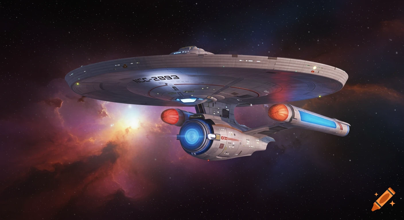 A Star Trek style starship, NCC-2893, flies through space near a colorful nebula.