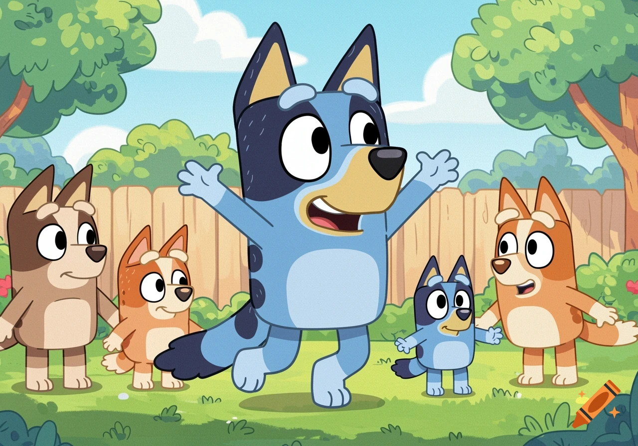 Cartoon dogs resembling characters from Bluey standing in a yard.