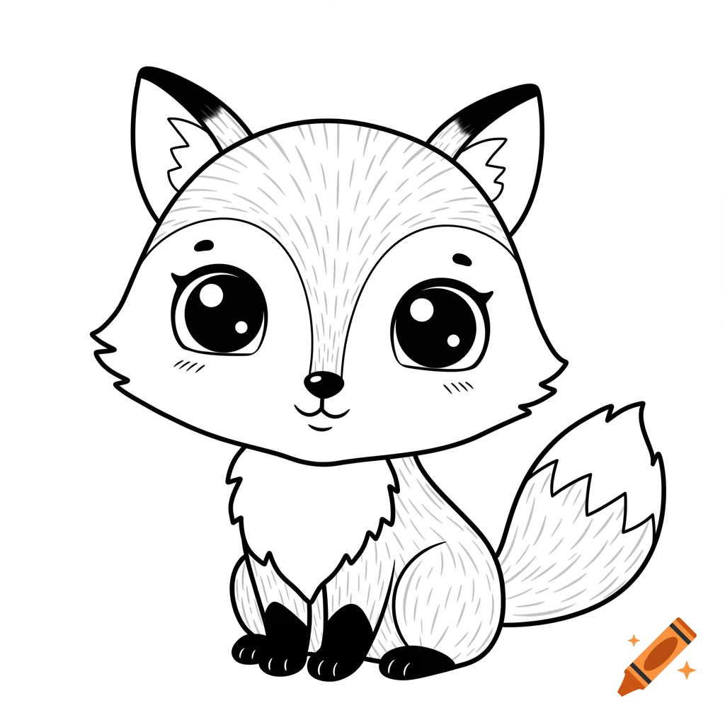 Black and white line drawing of a cute sitting fox for a coloring book.