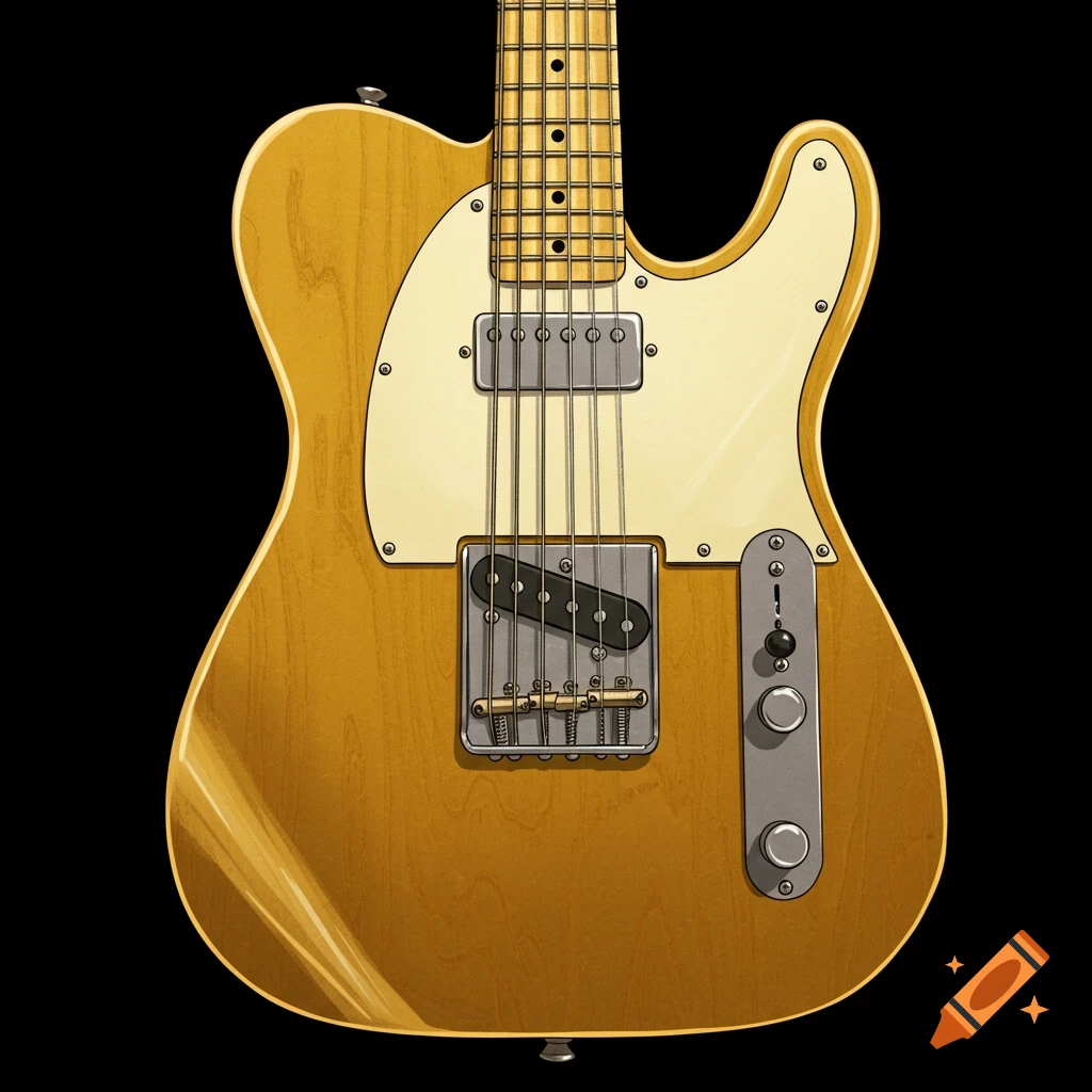 A close-up of a gold electric guitar on a black background.