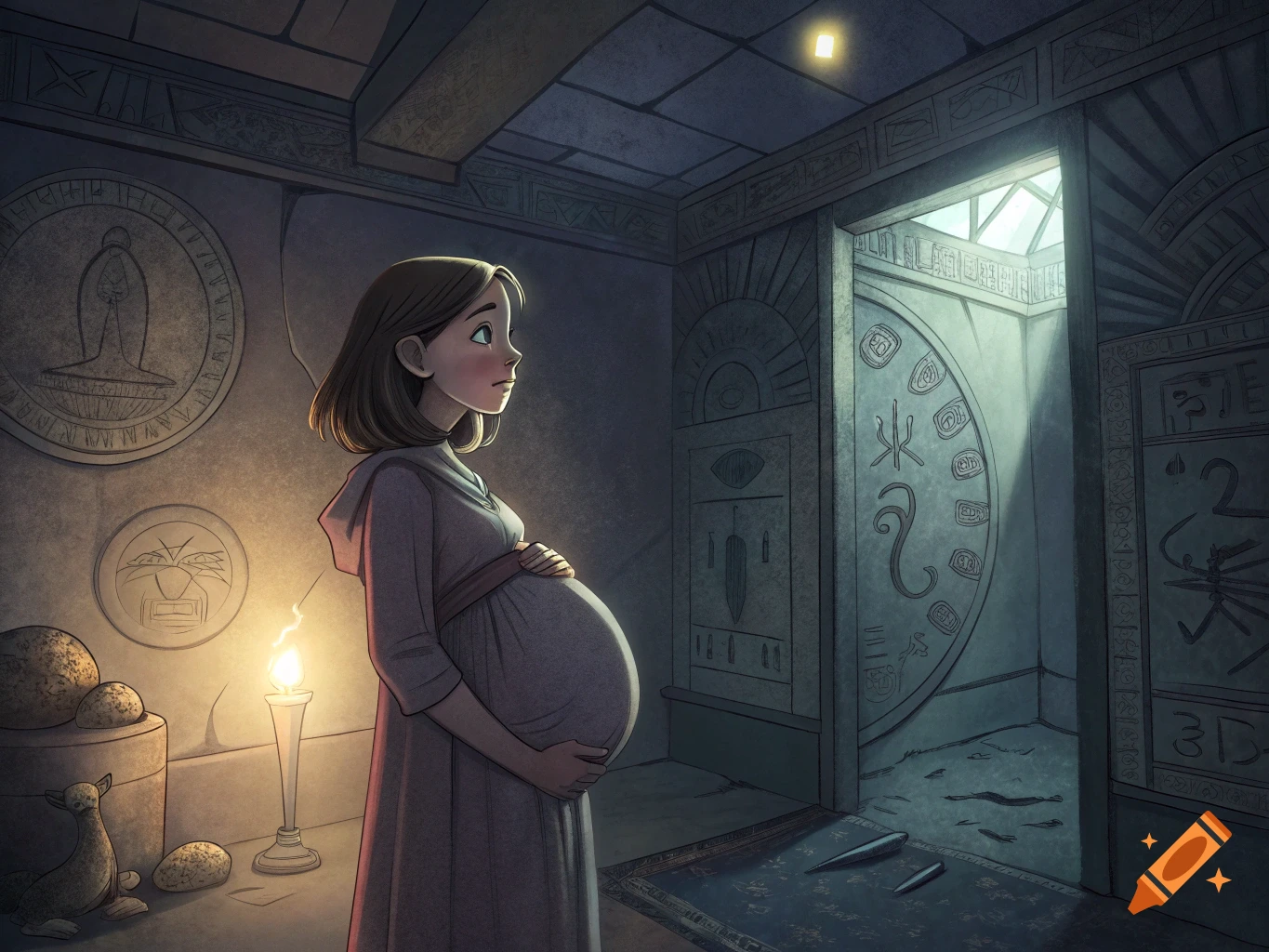 A pregnant woman stands in a dimly lit ancient chamber with carvings on the walls.