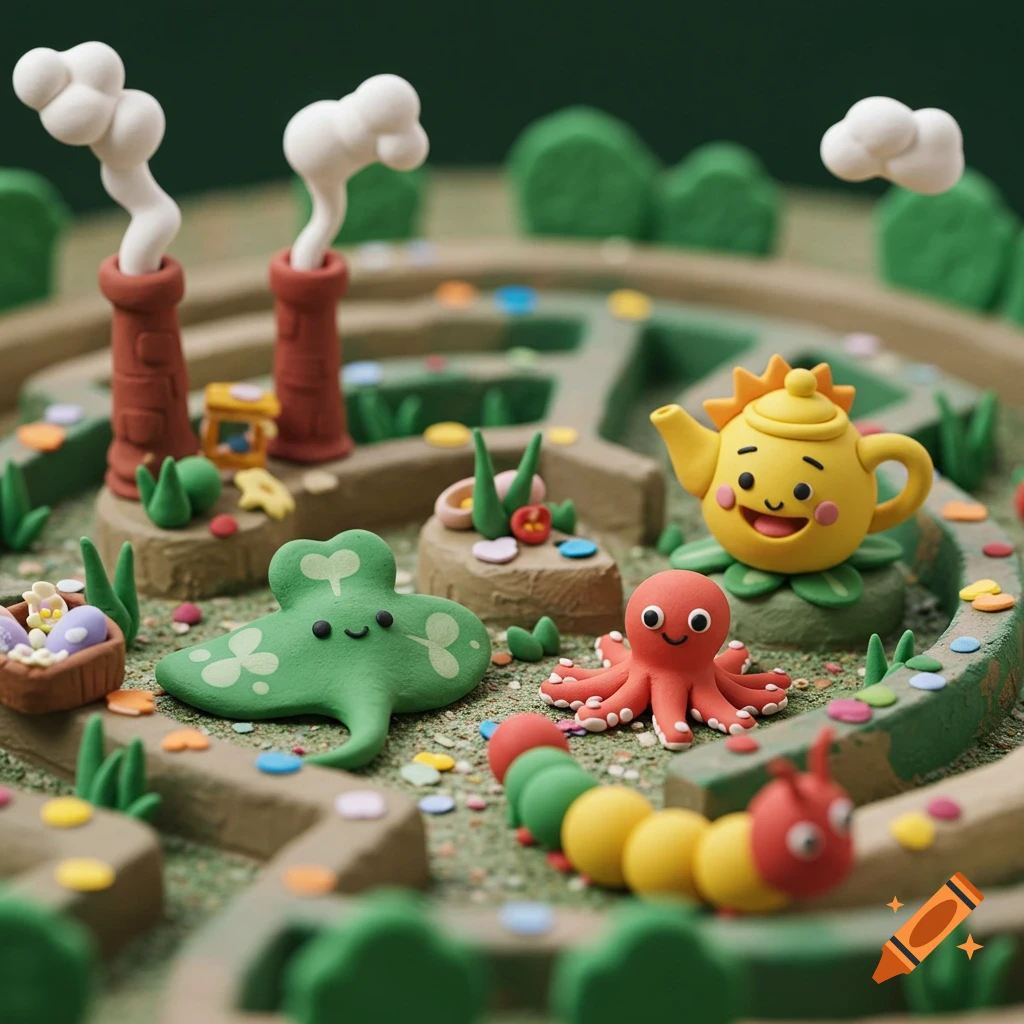 Clay model diorama of a maze with cute characters like a clover, octopus, caterpillar, and sun teapot.