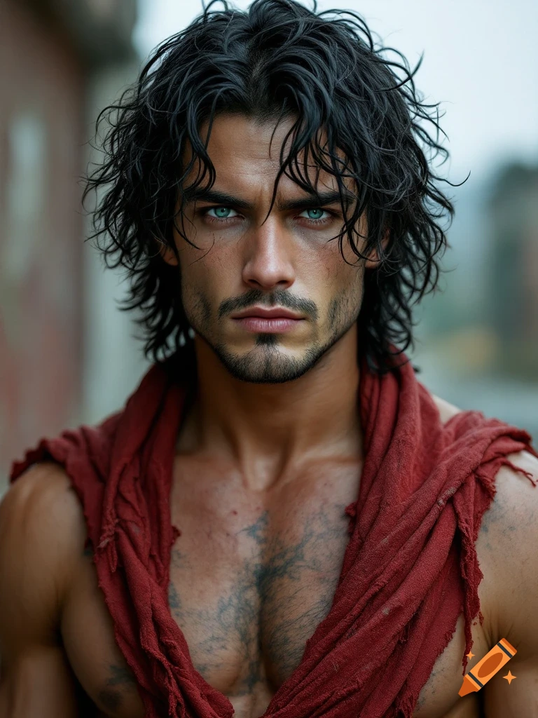A realistic portrait of a muscular man with dark curly hair and blue eyes wearing a red scarf.