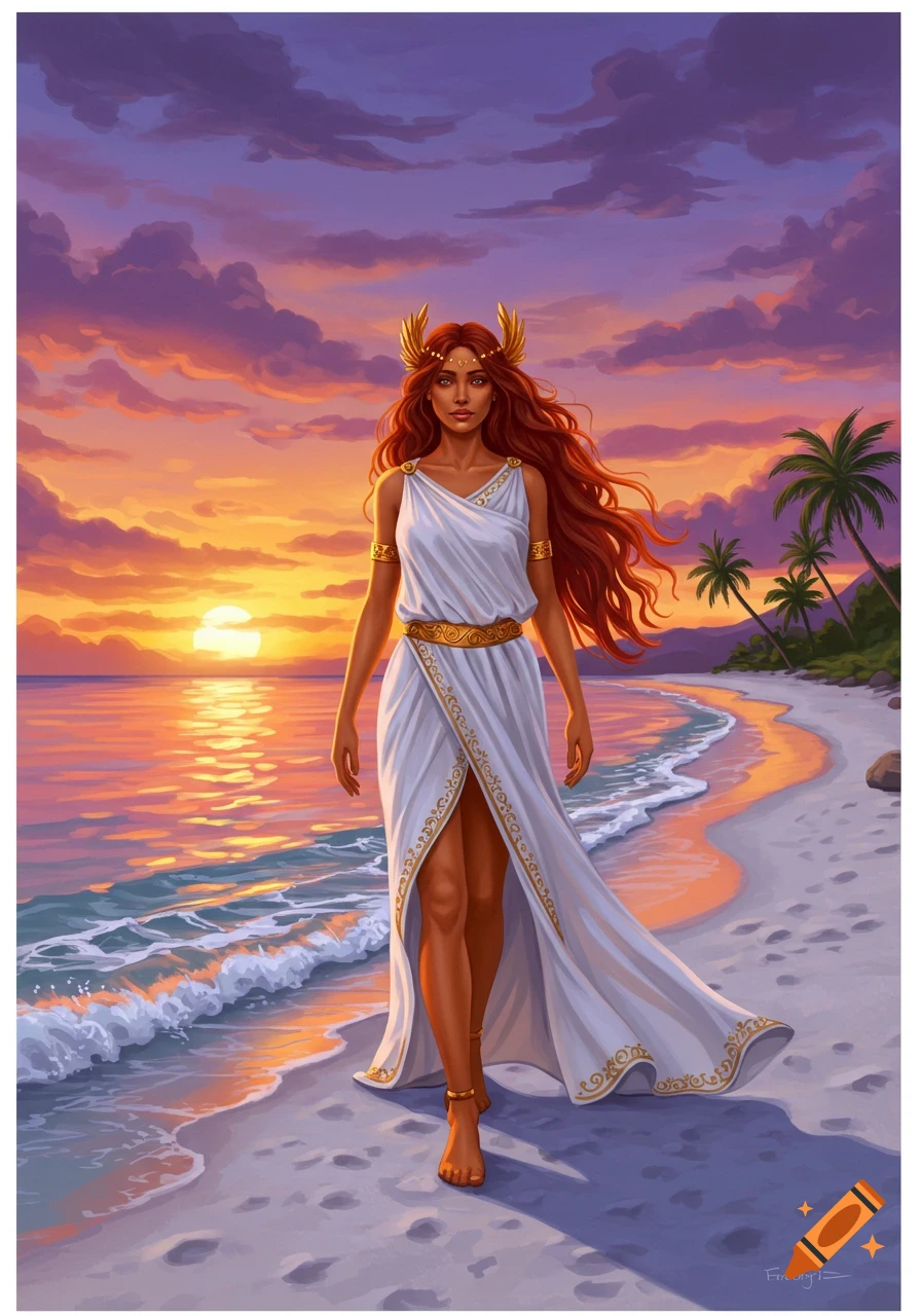 Digital painting of a goddess walking on a tropical beach at sunset