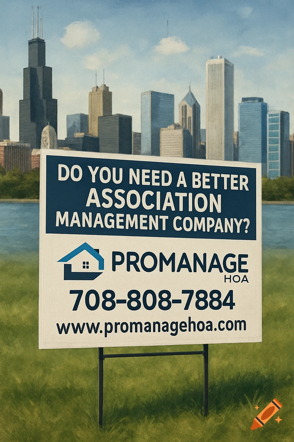 A yard sign for ProManage HOA with the Chicago skyline in the background.