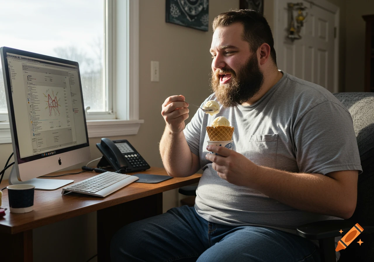 A bearded man sits at a desk eating ice cream while looking at a computer screen.